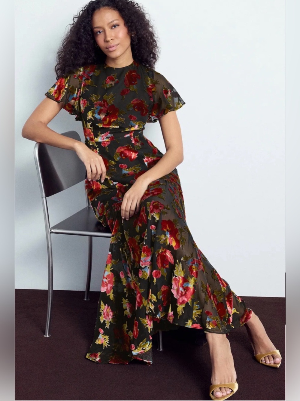 Rixo Velvet Floral Gown Floral Maxi Dress with Flutter Sleeves Sz 4 - Picture 3 of 15